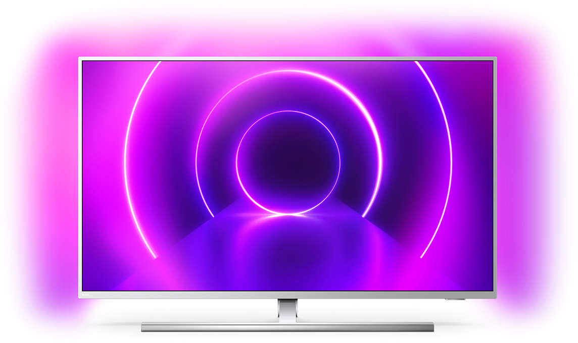 Szélesvásznú TV neon lila és rózsaszín kör alakú dizájnnal.