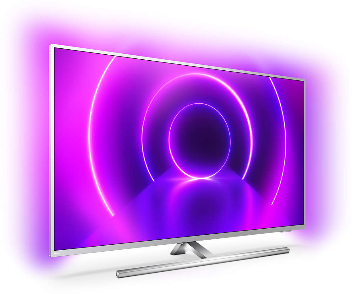 Modern TV ezüst kerettel, lila és rózsaszín fény kijelzővel.