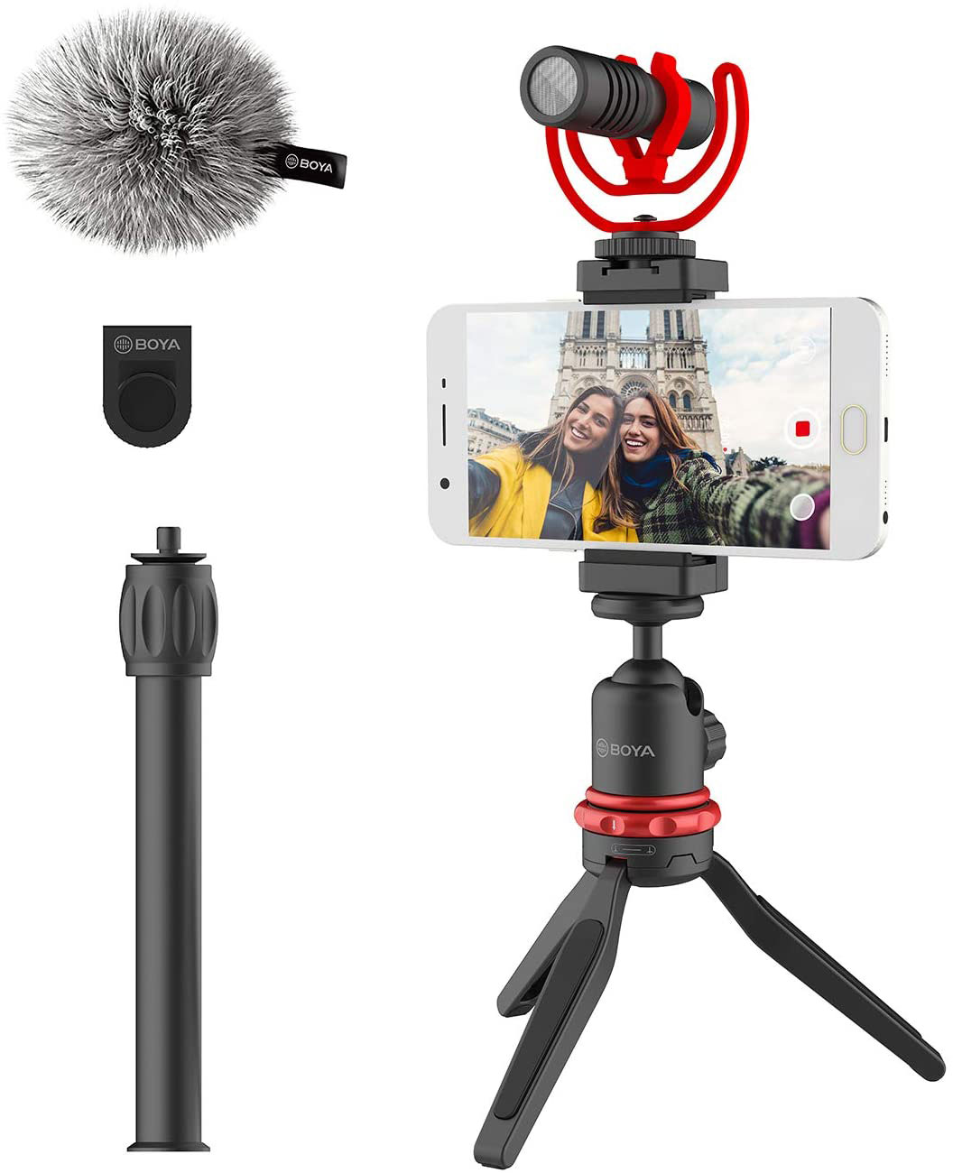 Smartphone op statief met microfoon, harige windscherm en andere accessoires, selfie.
