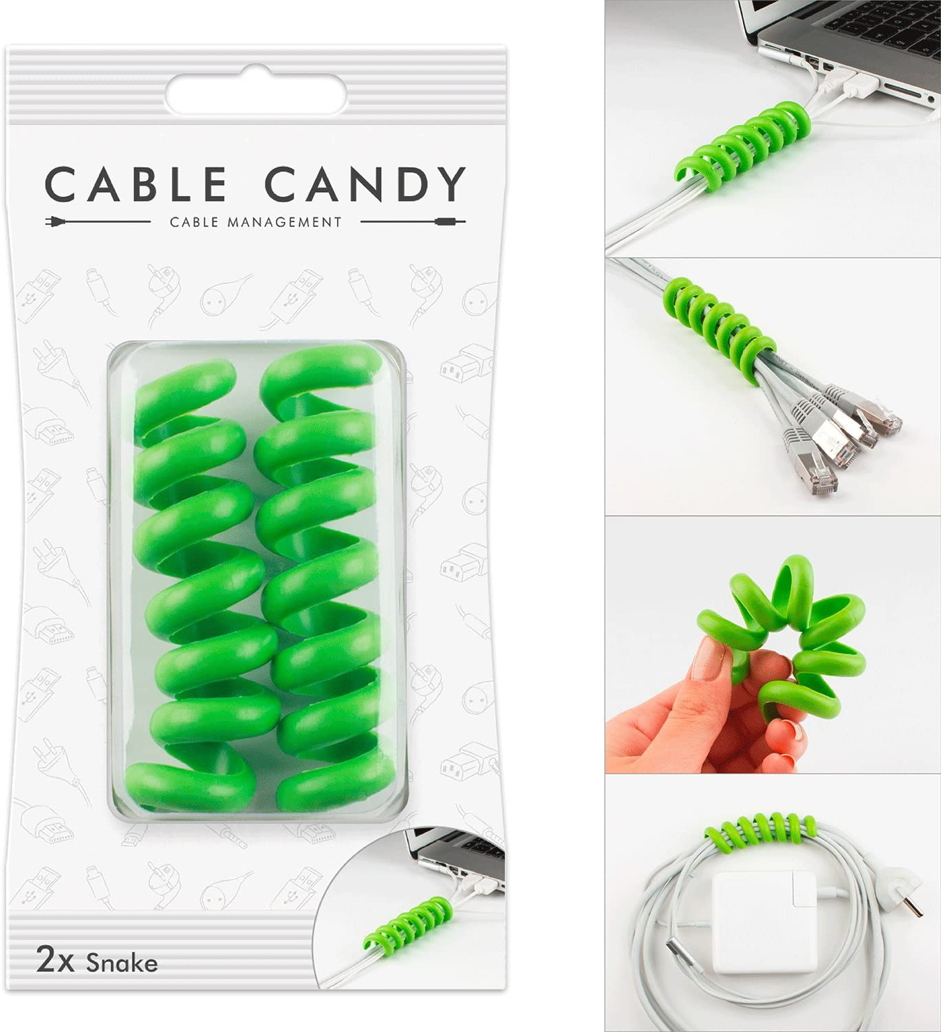 Un organiseur de câbles en vert, contenant de multiples composants en forme de spirale.