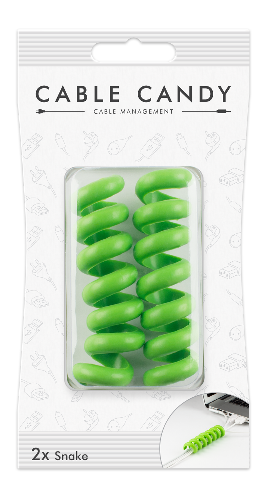 Emballage Cable Candy. Protège-câble en spirale vert dans fenêtre plastique transparente. Fond blanc.