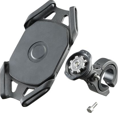 Ein schwarzes Telefon und Fahrradhalterungs-Kit werden gezeigt.