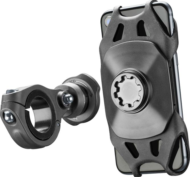 Graue Telefonhalterung und Lenkerhalterung aus Metall und Kunststoff.