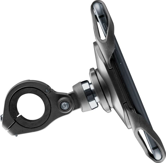 Schwarzer Telefonhalter an einem schwarzen Fahrradlenker befestigt.