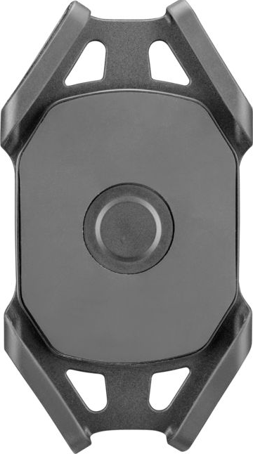 Schwarzer Telefonhalter mit einem zentrierten dunkelgrauen Pad und einem geometrischen Außenrahmen.