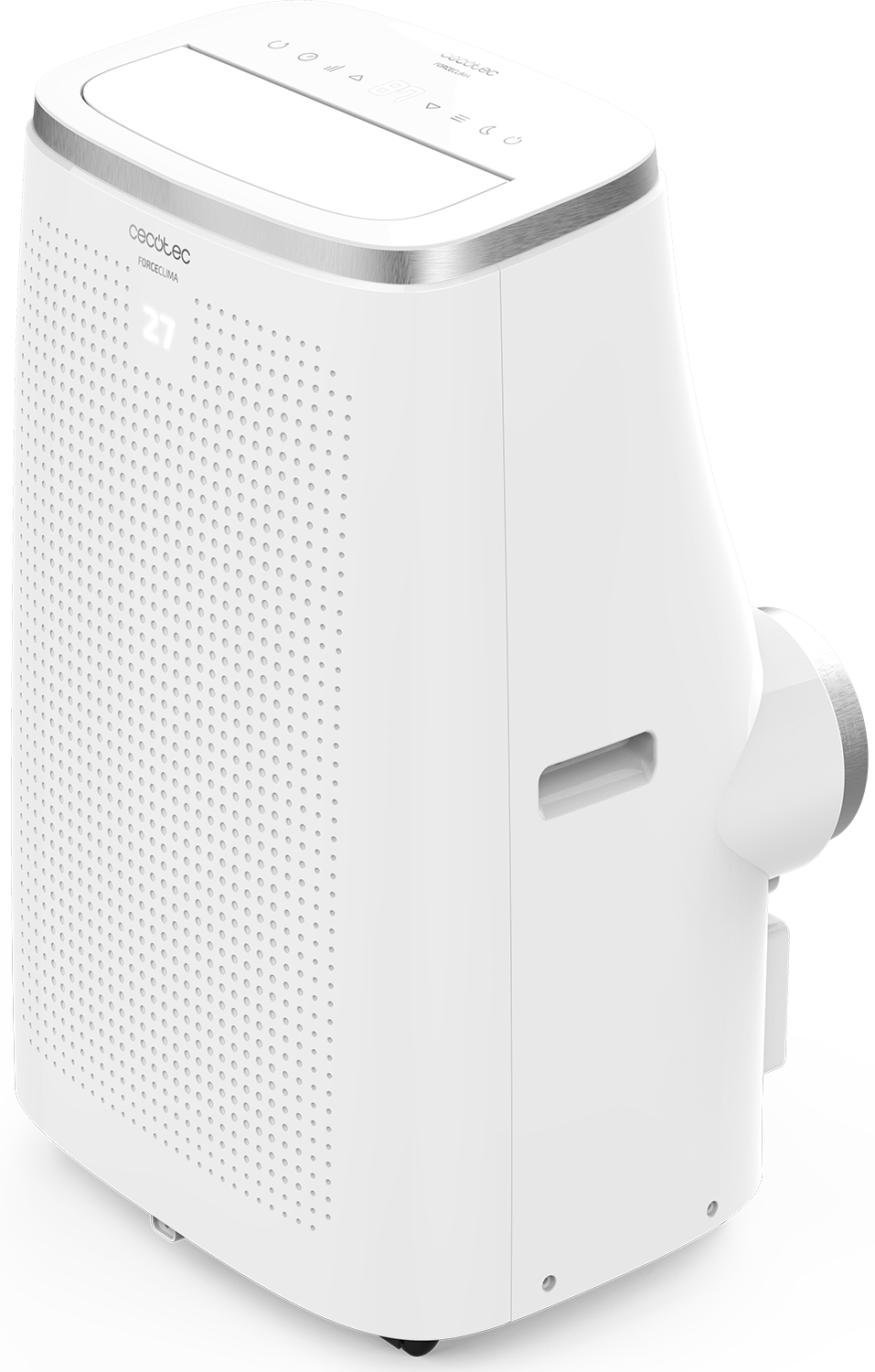 A white portable air conditioner with digital display and vents, angled against a dark backdrop.
