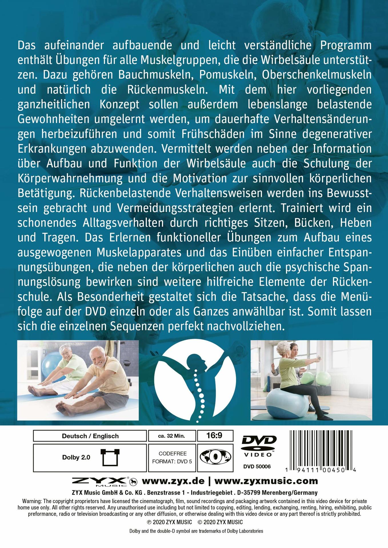 DVD-Cover mit Text auf Deutsch über ein Übungsprogramm und Menschen, die trainieren.