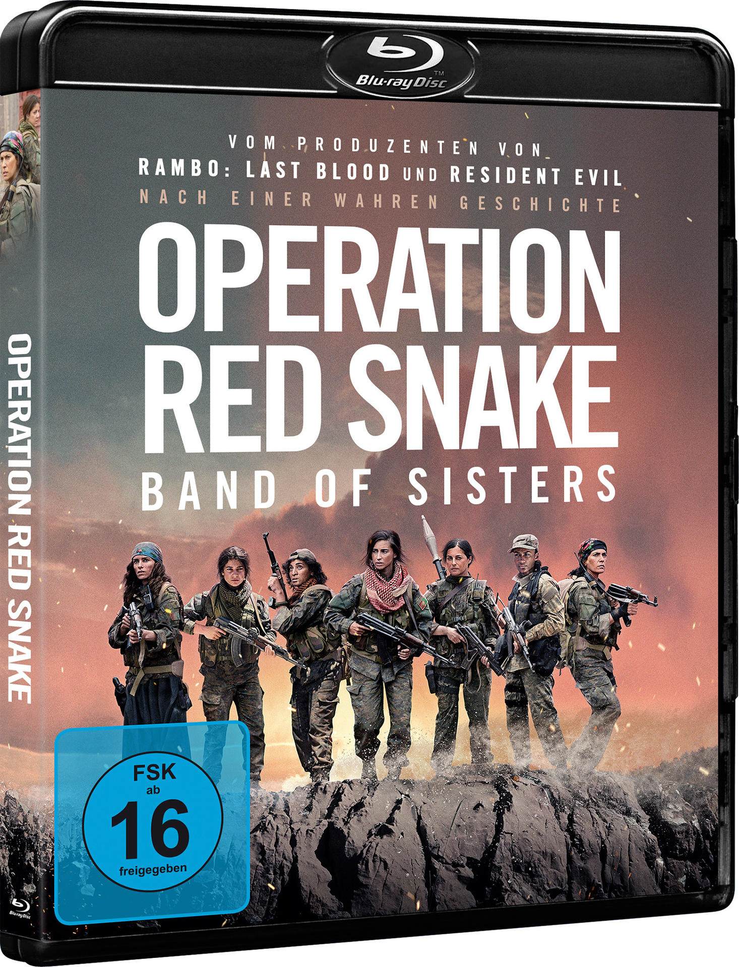 DVD-Cover von Operation Red Snake: Band of Sisters, mit einer Gruppe von Frauen mit Waffen auf einem Hügel.