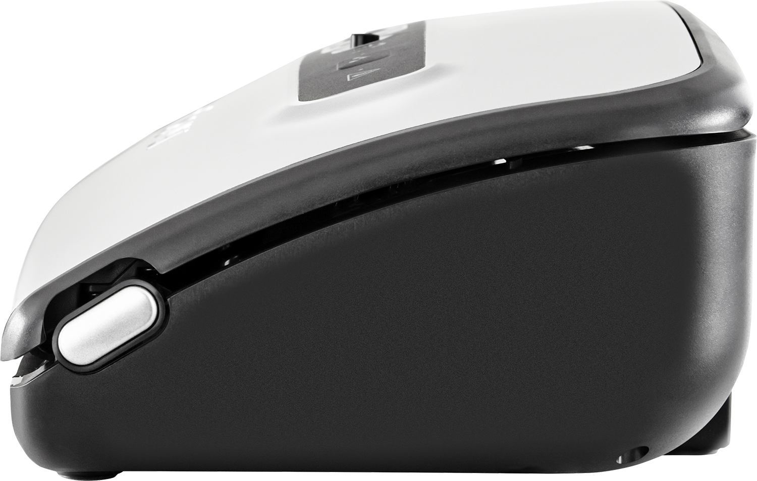 Side view of a white and black mouse. It has a silver button on the side.
