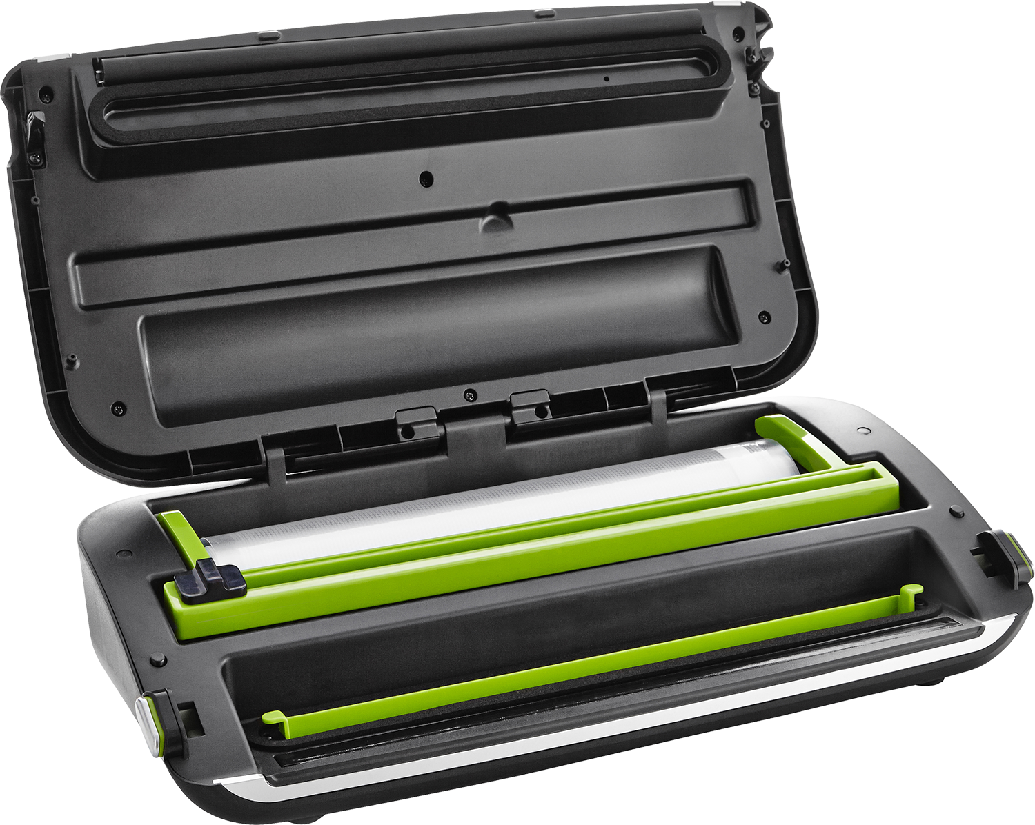 A black and green vacuum sealer, open and viewed from above, on a black background.