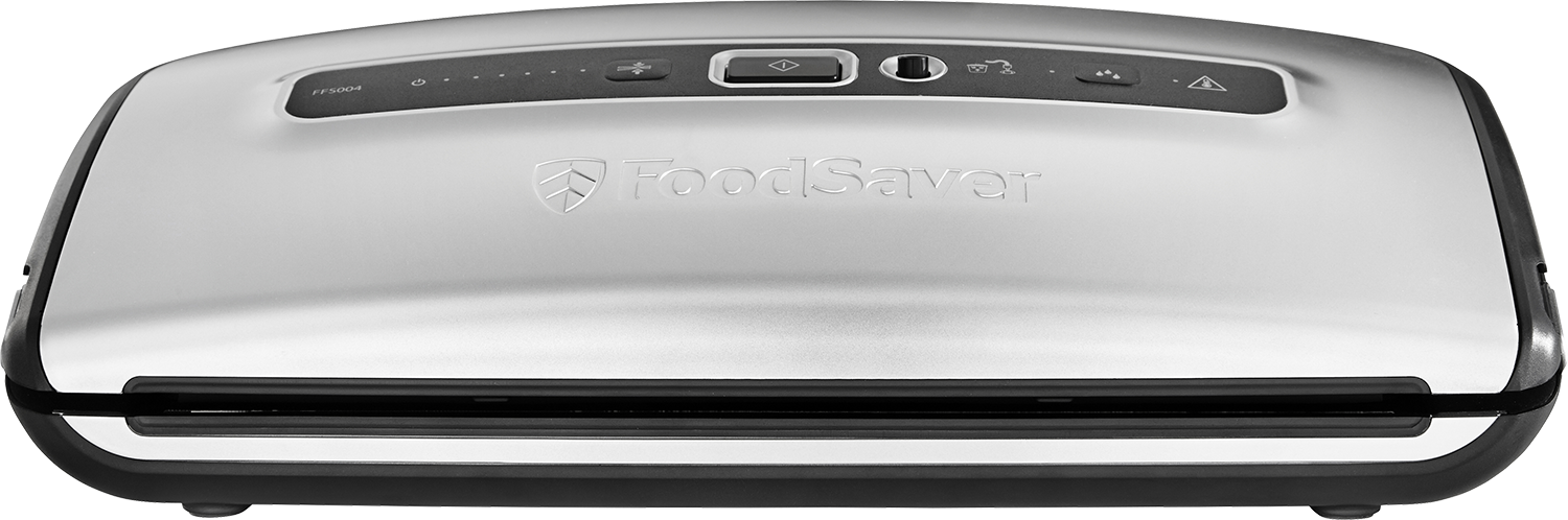 A silver FoodSaver vacuum sealer with a black base and buttons is shown.