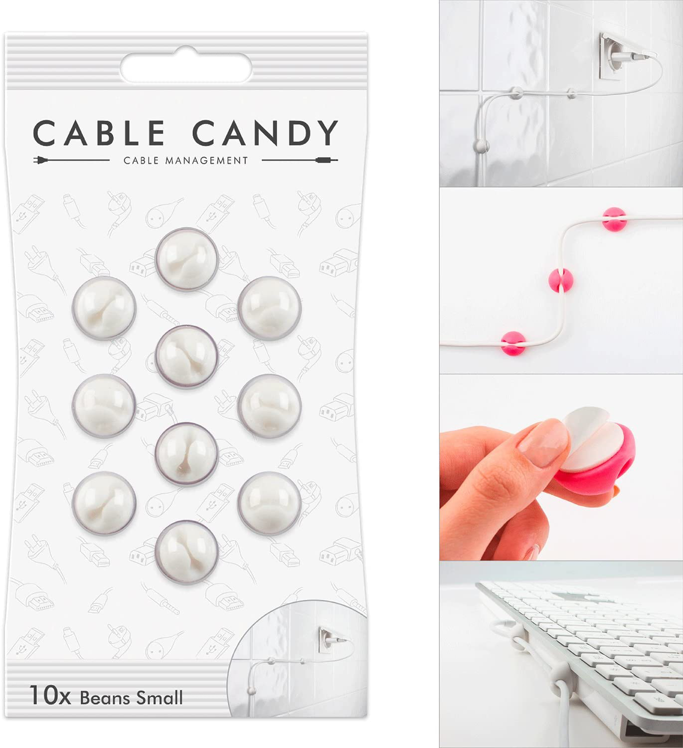 Confezione Cable Candy con dieci fermacavi bianchi.