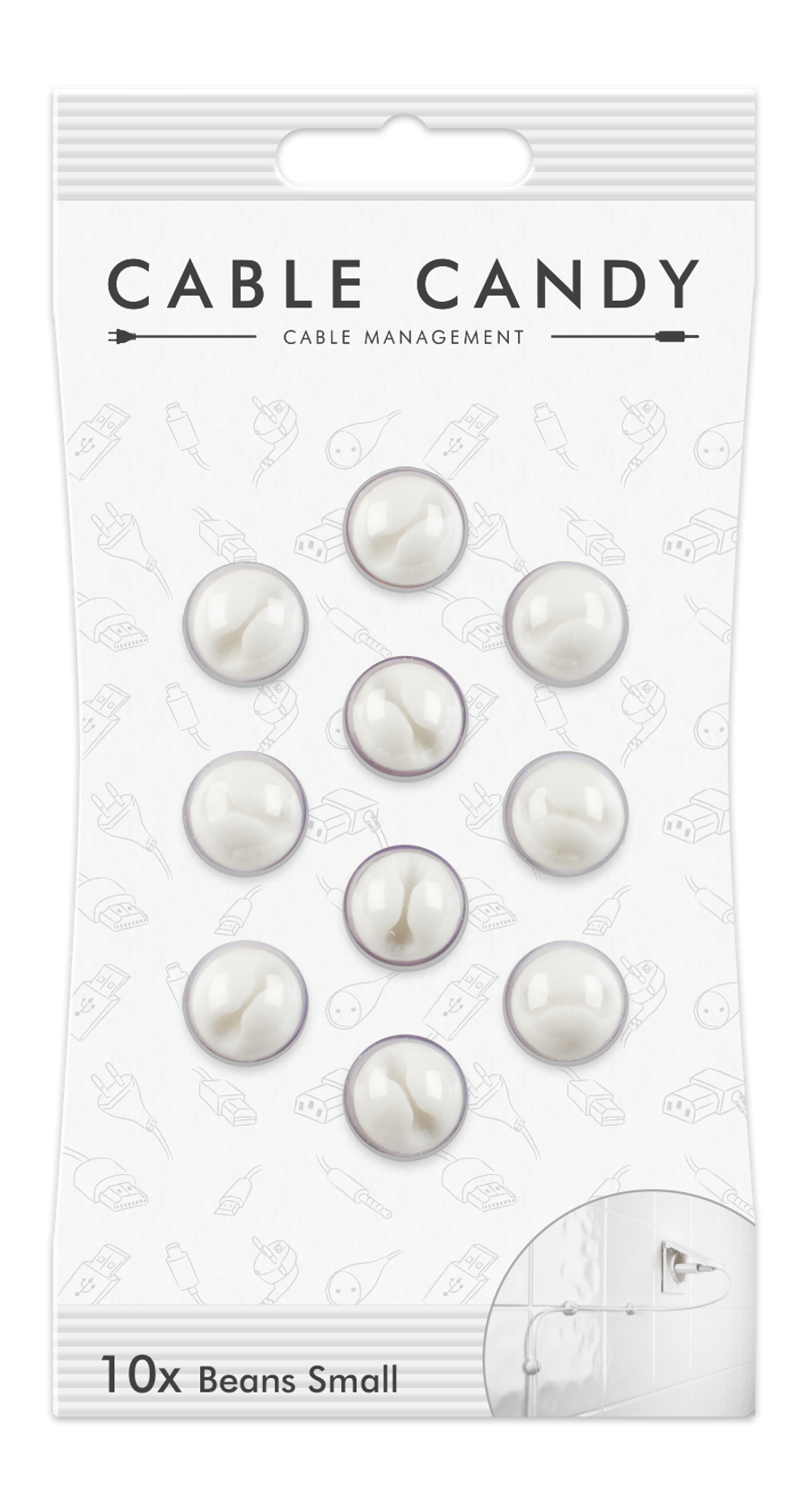 Confezione di Cable Candy con 10 piccoli fagioli bianchi.