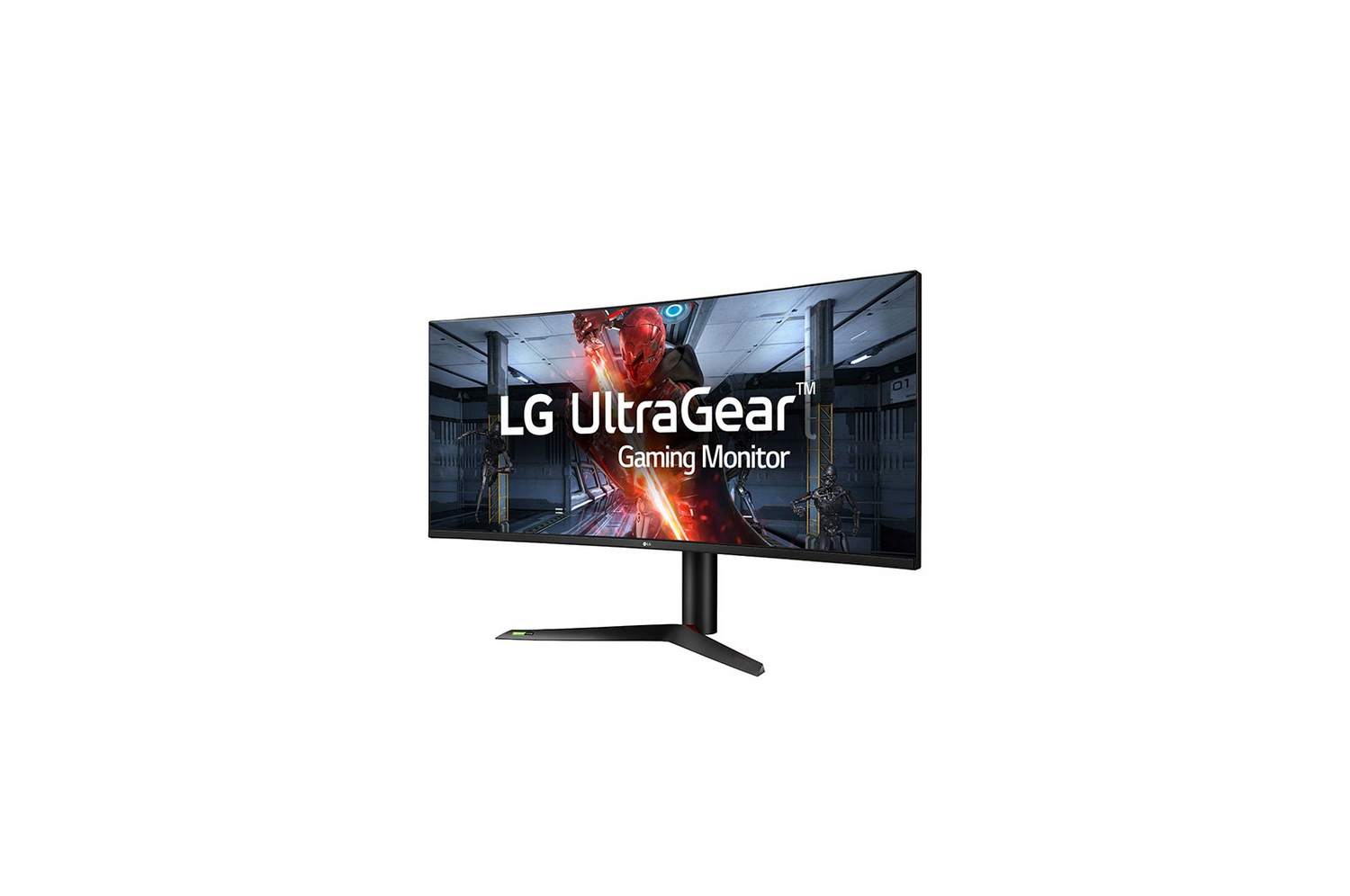 Monitor gaming LG UltraGear. Soporte negro, pantalla curva. Muestra una escena de juego.