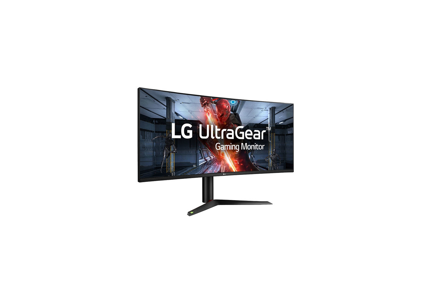 Un monitor LG UltraGear para juegos sobre un fondo blanco. El monitor muestra una escena de juego.