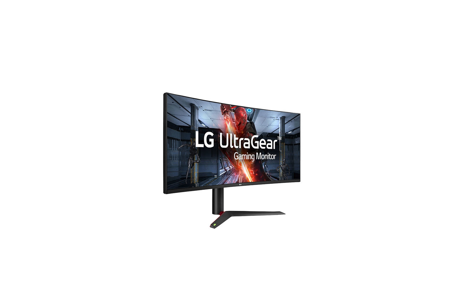 Monitor curvo para juegos con las palabras "LG UltraGear". Soporte negro y detalles rojos.