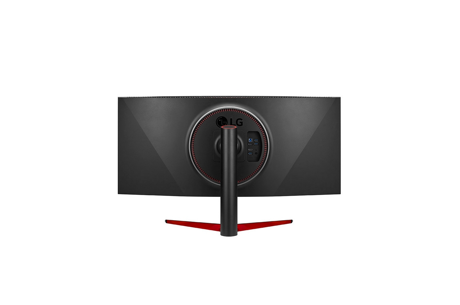 Parte trasera de un monitor curvo. Tiene un soporte y puertos.