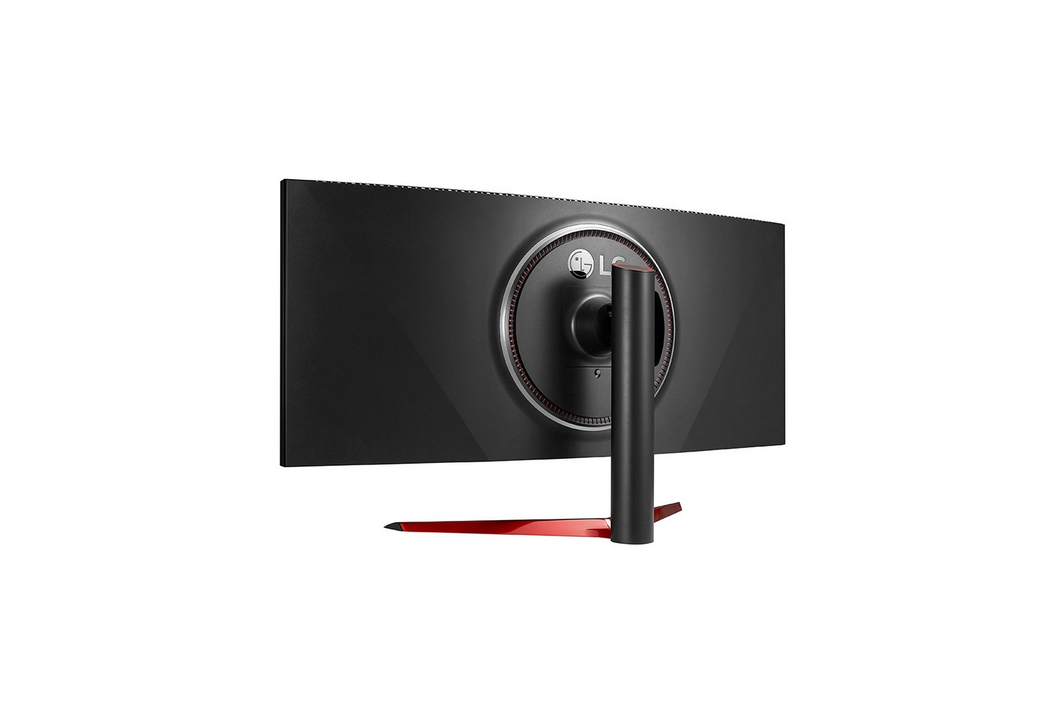 Vista trasera de un monitor gaming LG negro con soporte rojo.