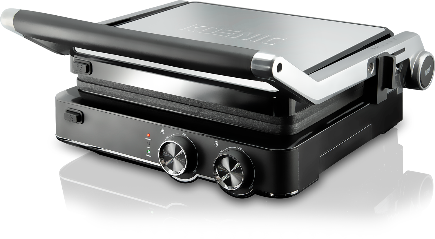 A black Koenic grill with a silver top. Knobs and lights on the front. The grill's reflection is visible.
