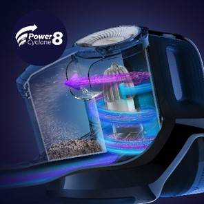 Staubsauger-Innenleben mit Luftstrom durch das Power Cyclone 8-System.
