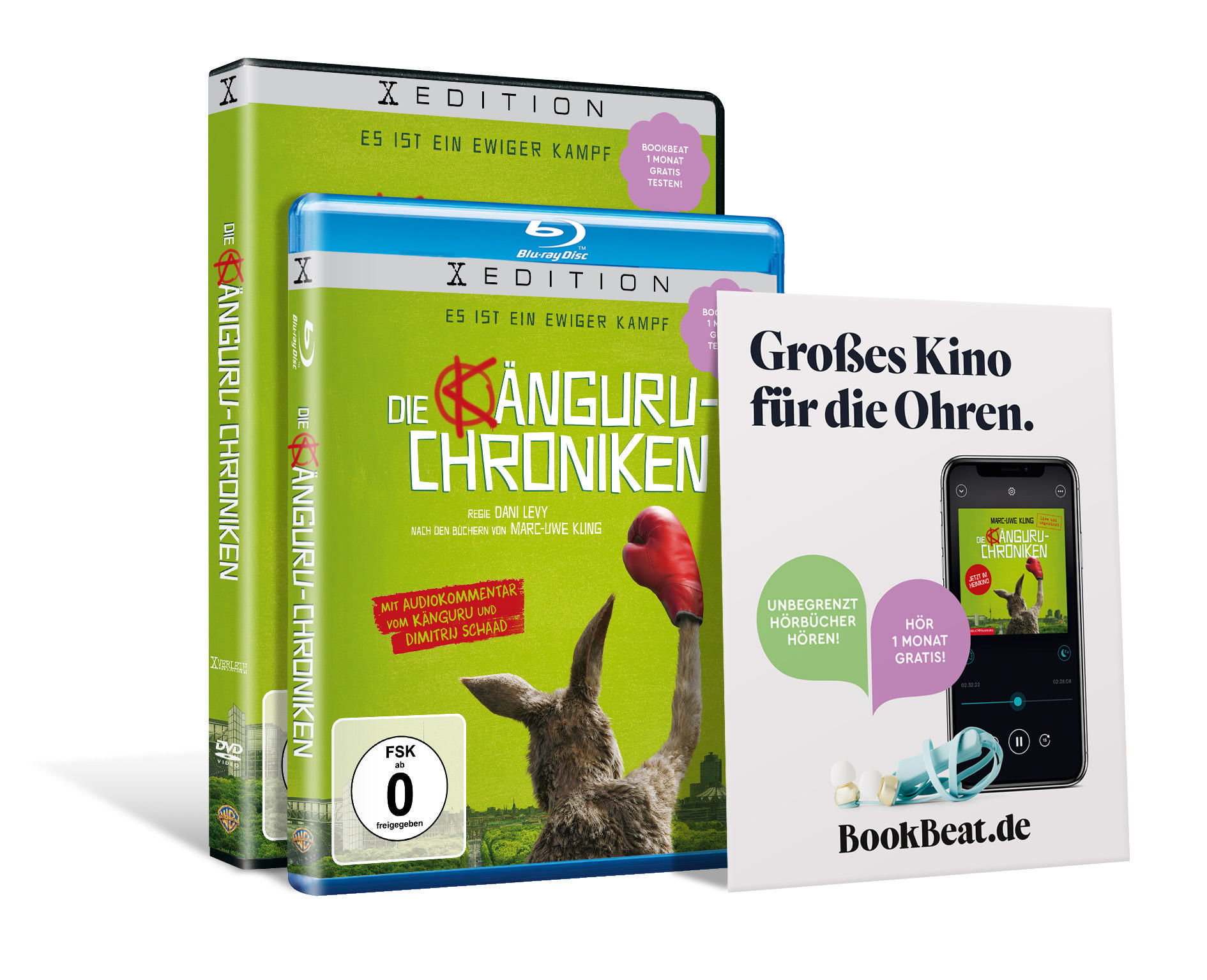 Blu-ray Disc, DVD, CD-Hülle mit Känguru-Illustration. Enthält eine Hörbuch-Werbung.