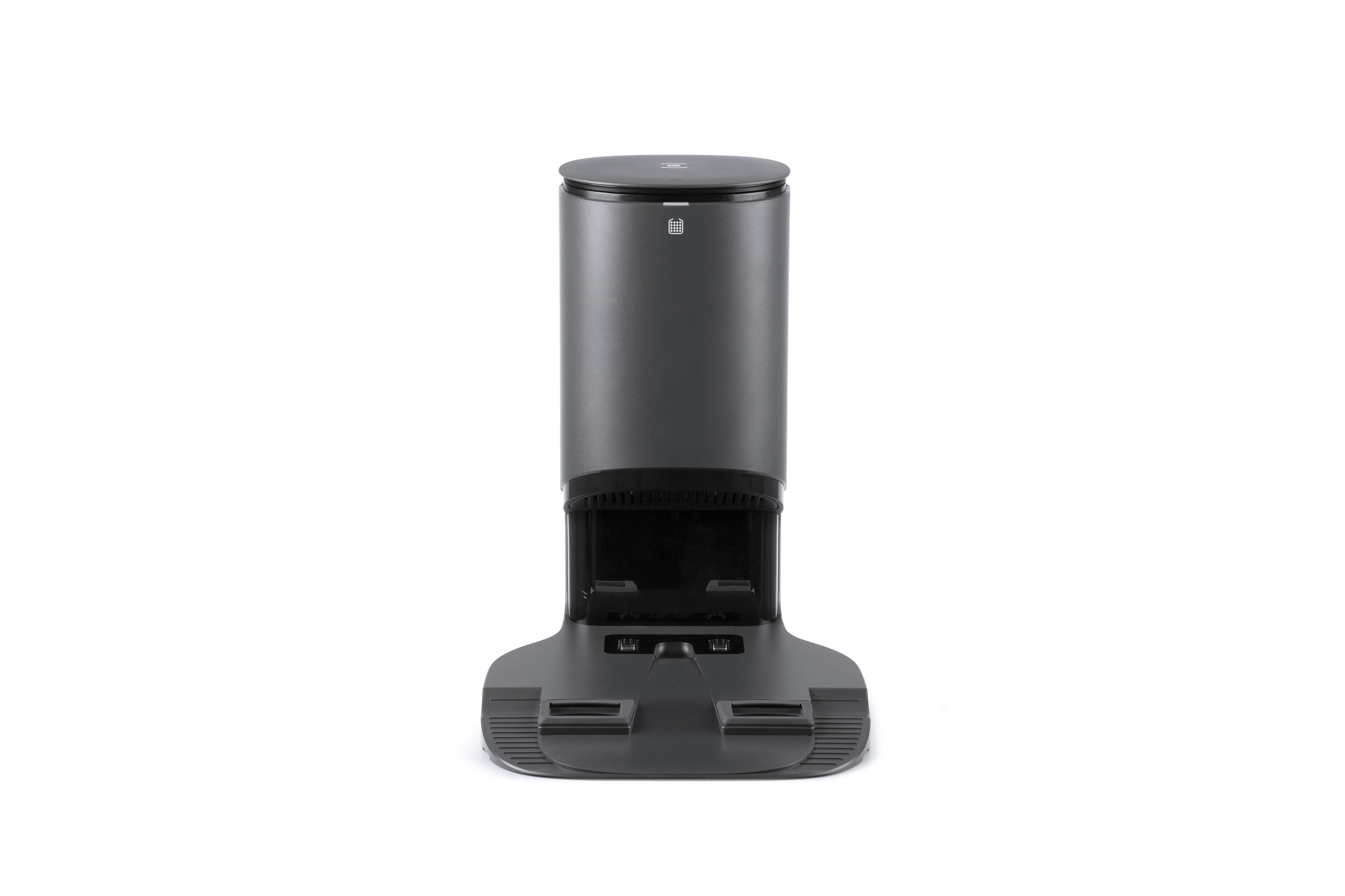 Dunkelgraue Roboter-Staubsauger-Basisstation. Modernes Design, leeres Fach für die Staubaufnahme.