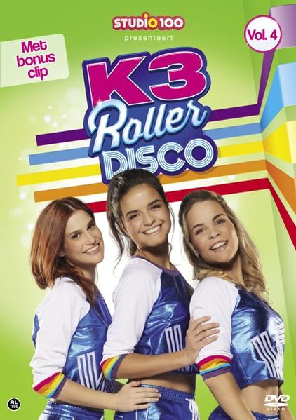 Couverture DVD : K3 Roller Disco, trois filles souriantes, fond coloré.