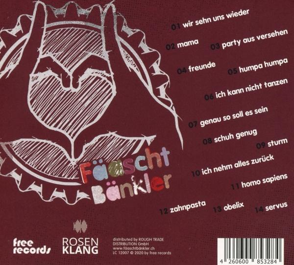 Die Rückseite einer CD mit deutschen Songtiteln und einer Zeichnung von Herz und Händen.