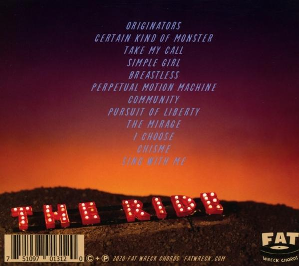 CD-Cover-Rückseite mit Text, Titel 'THE RIDE' und Barcode. Sonnenuntergang und dunkler Hintergrund.
