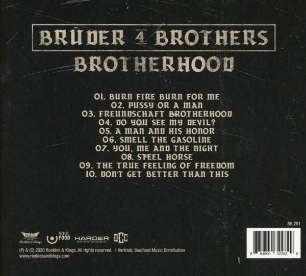 CD-Cover mit Text. Albumtitel "Brotherhood" und Songtitel werden angezeigt.