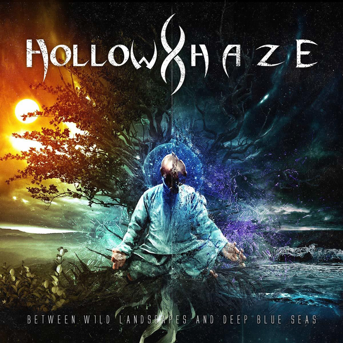 Albumcover mit einer Person, die in einem blauen Gewand meditiert. Fantasieszene mit Land und Meer.