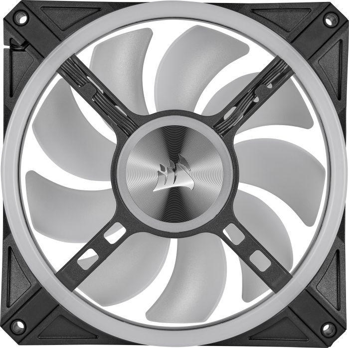 Schwarzer PC-Lüfter mit weißem Ring und Flügeln. Corsair-Logo in der Mitte.