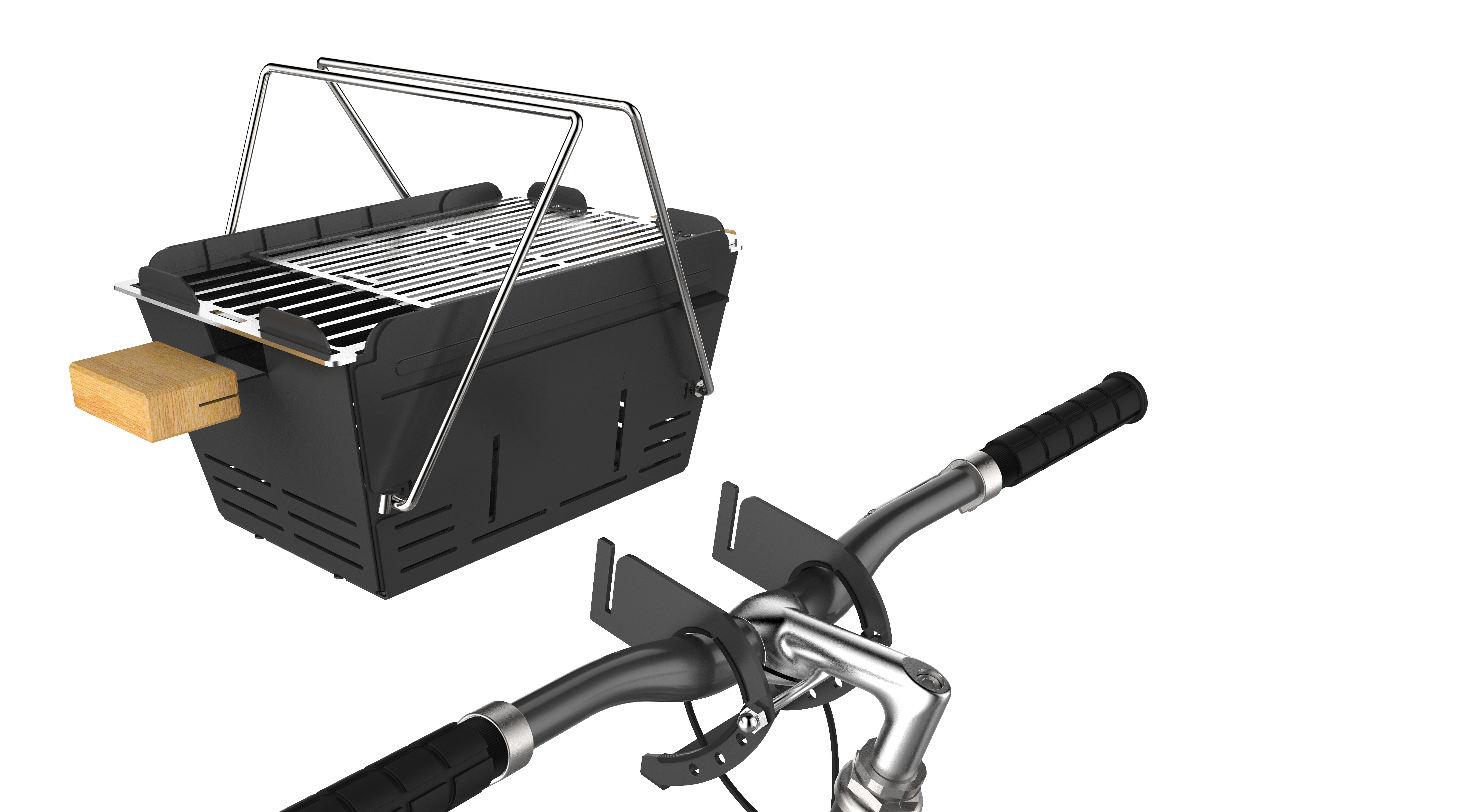 Ein schwarzer BBQ-Grill an einem Fahrradlenker montiert. Weißer Hintergrund.