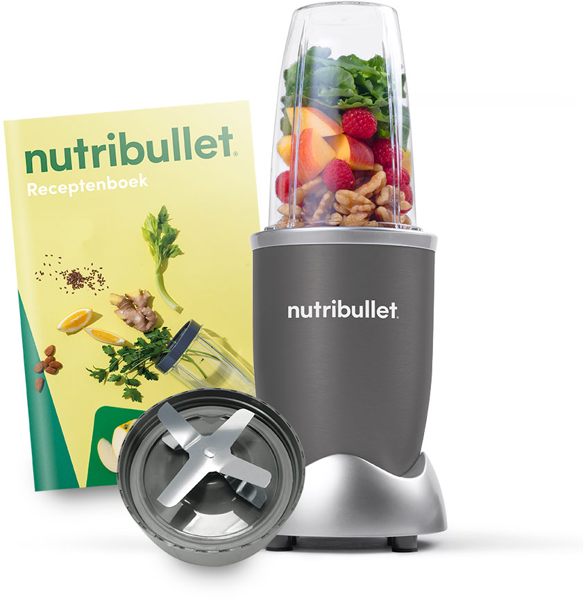 Dark grey Nutribullet blender with fruits and book. Stainless steel blade. Silver base.