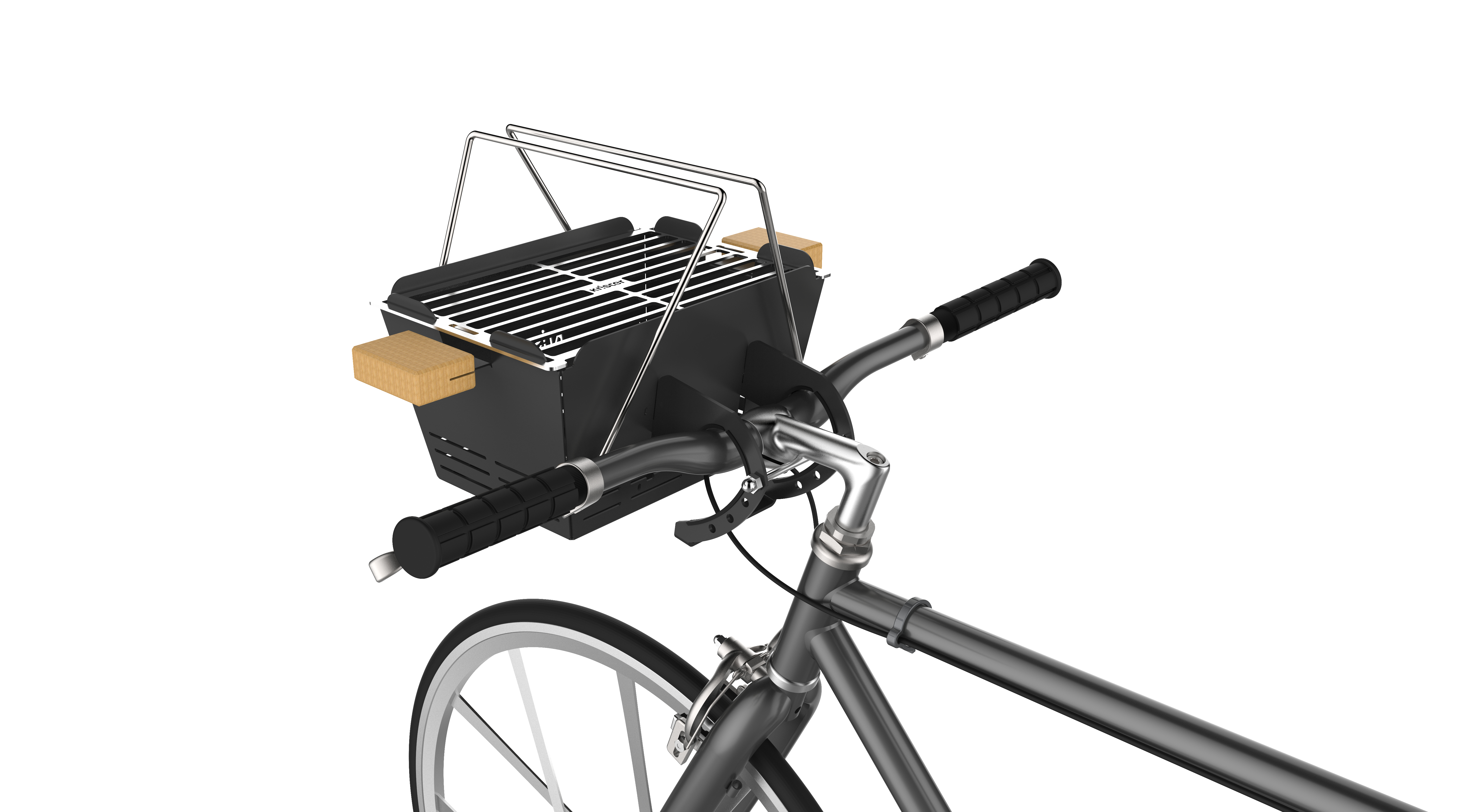 Ein schwarzer Grill, an einem Fahrrad montiert, mit Holzakzenten und weißem Hintergrund.