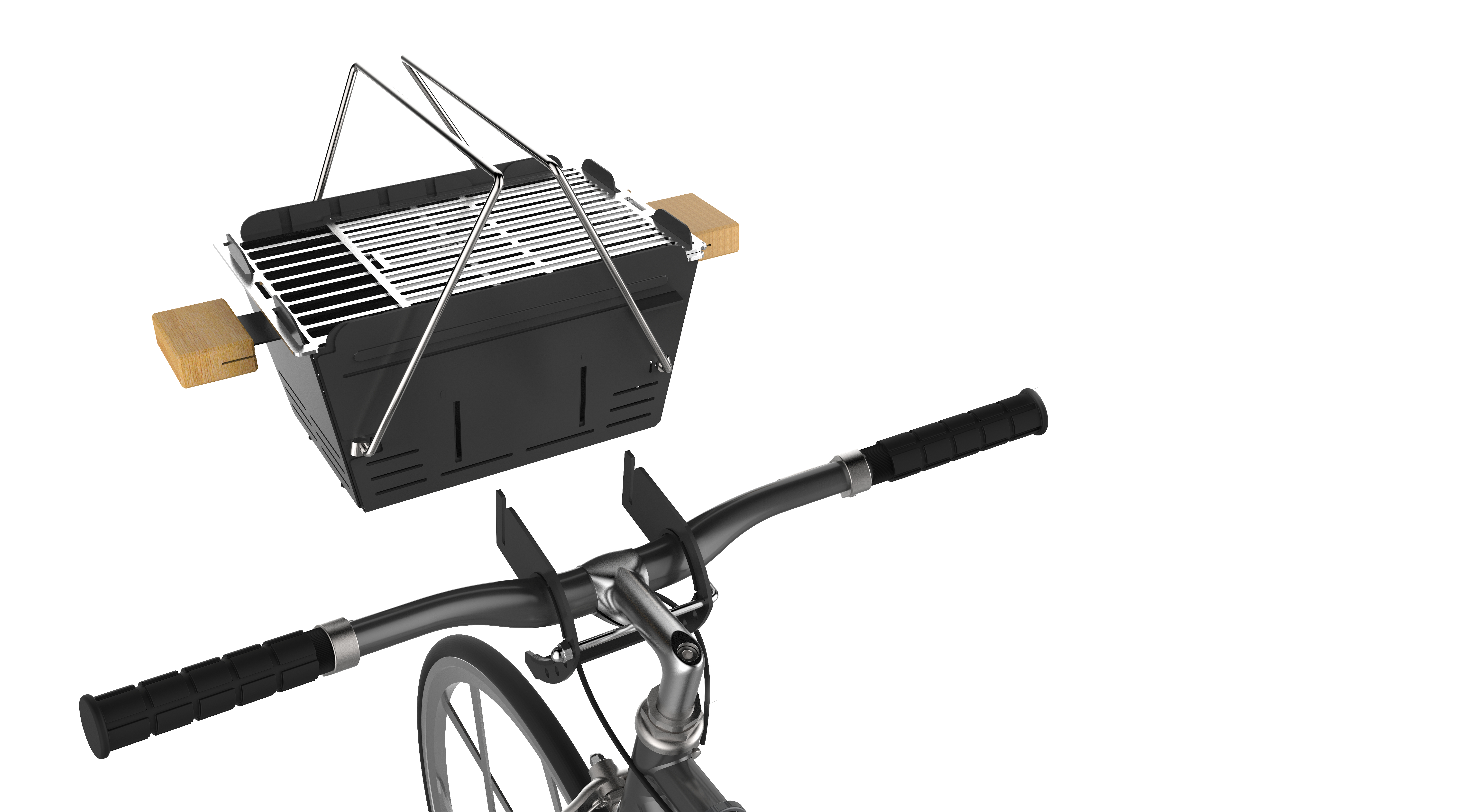Ein schwarzer, tragbarer Grill, der an einem Fahrradlenker befestigt ist.