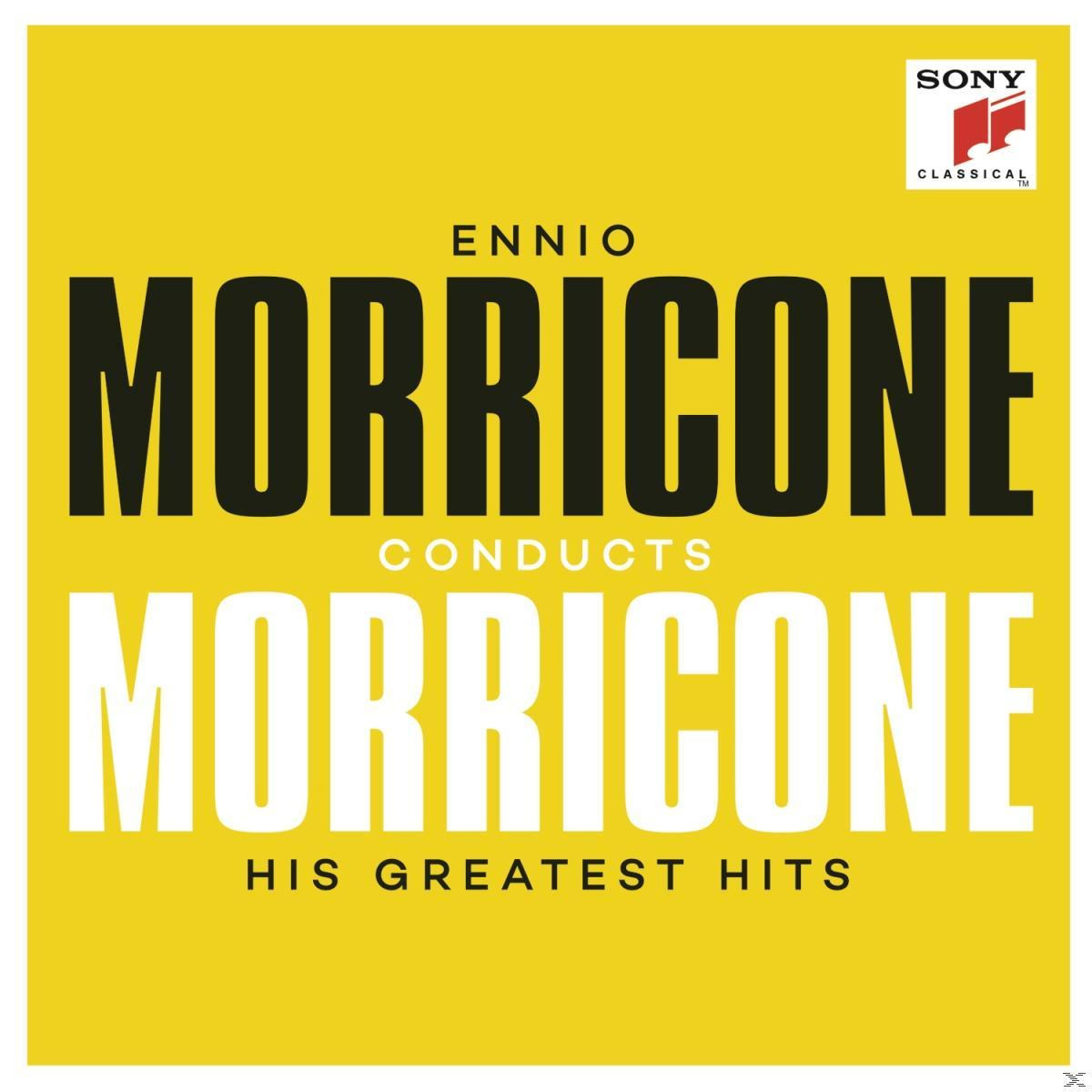 Album borító a következő szöveggel: 'Ennio Morricone Conducts Morricone' sárga háttérrel.
