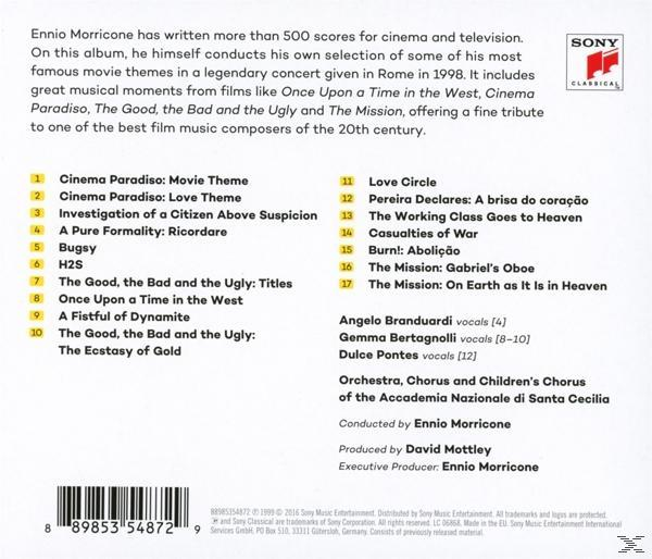 CD hátlap Ennio Morricone filmzenéinek számlistájával, melyeket különböző előadók adnak elő.