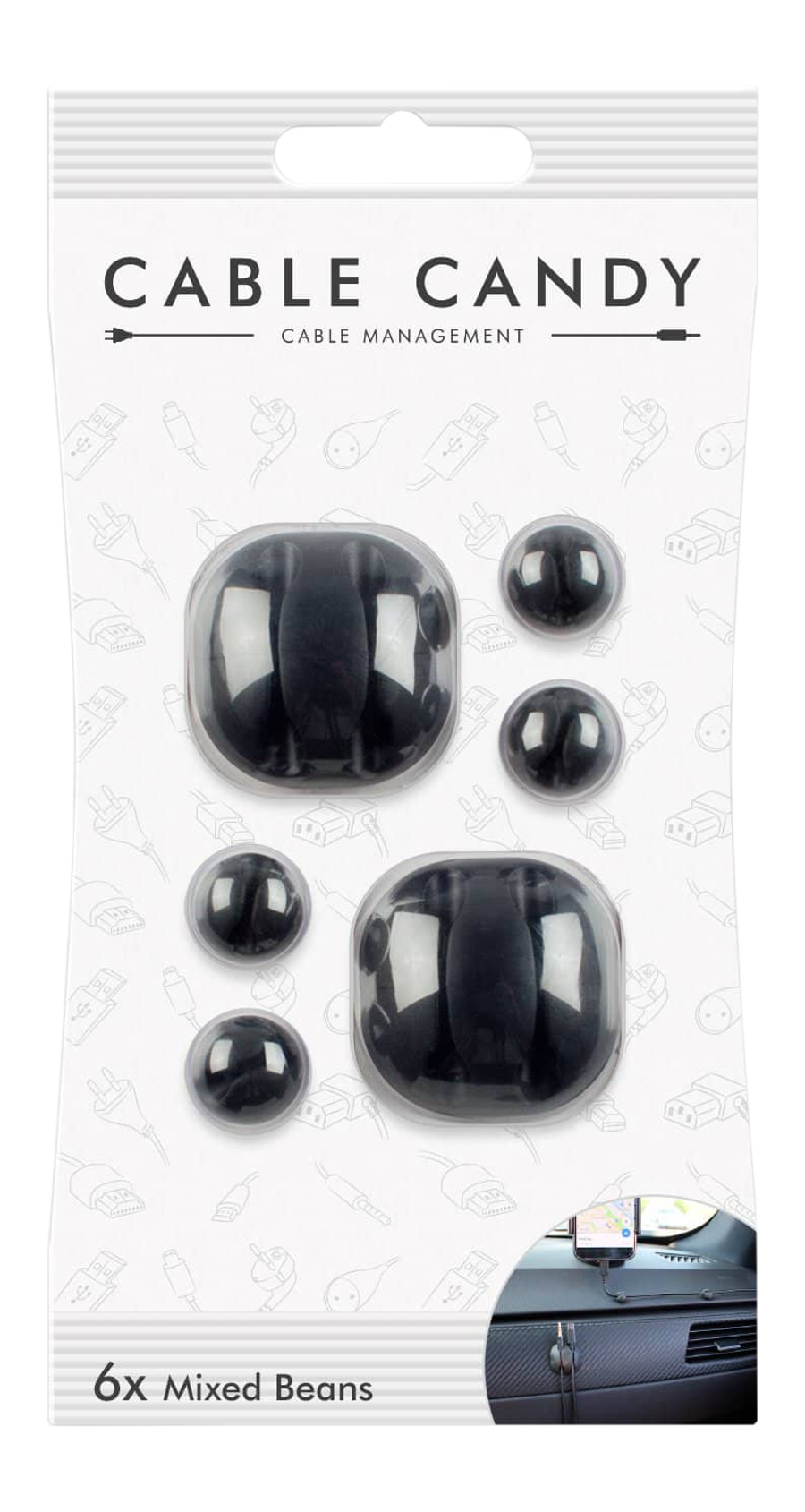 Emballage d'organisateurs de câbles, noirs et ronds, et carrés, gestion des câbles.