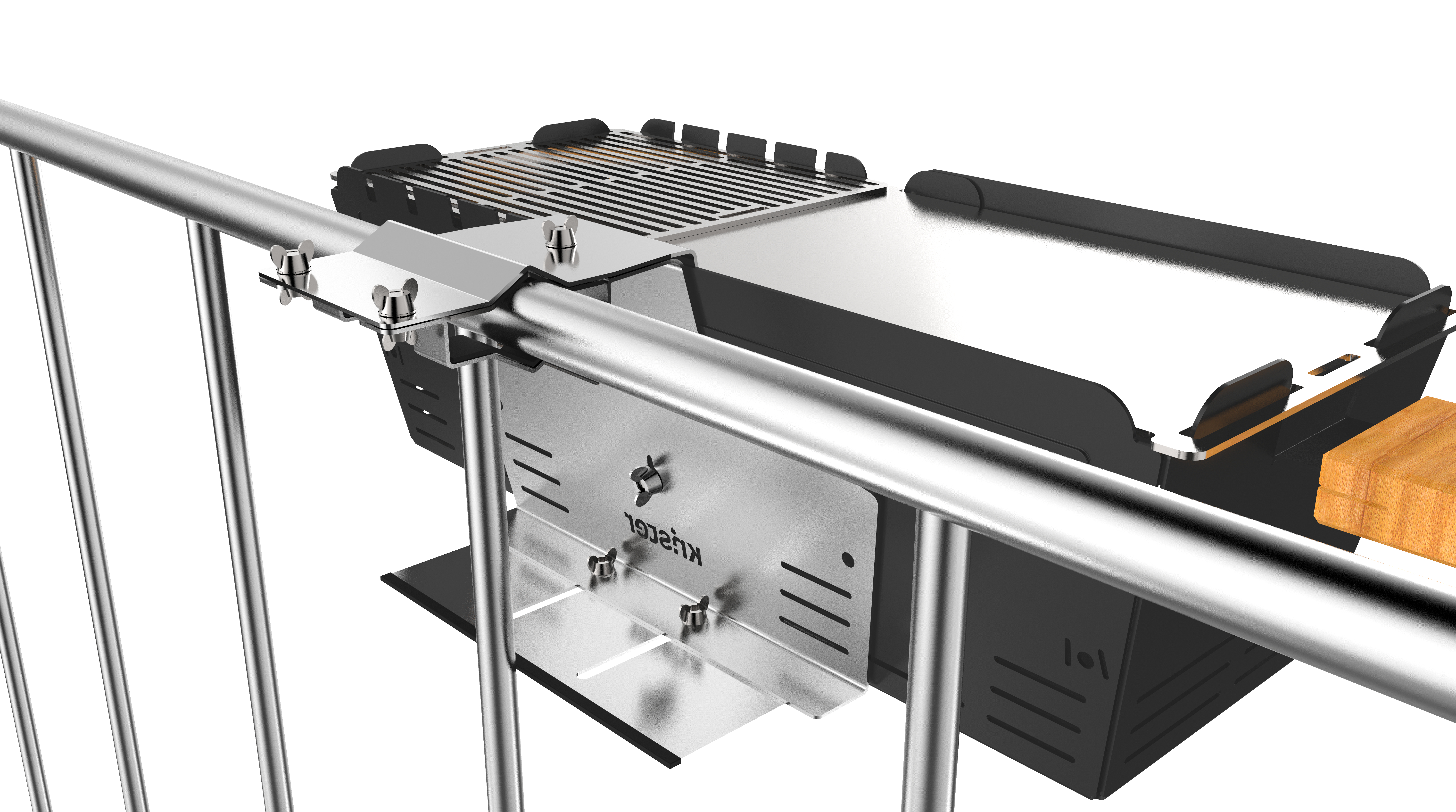 Grill an einem Geländer befestigt. Silbernes Metall und schwarzer Grill. Der Grill hat einen hölzernen Beistelltisch.