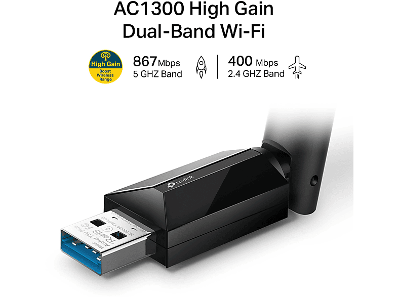 TP-LINK Archer T3U Plus, AC1300 Mbps, Çift Bant, USB 3.0, Yüksek Çekim Güçlü Wi-Fi 5 USB Adaptör