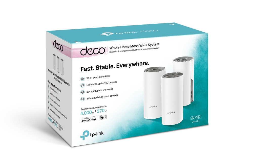 Bir Deco Whole Home Mesh Wi-Fi Sistemi için kutu. Üç beyaz silindirik cihaz içerir.