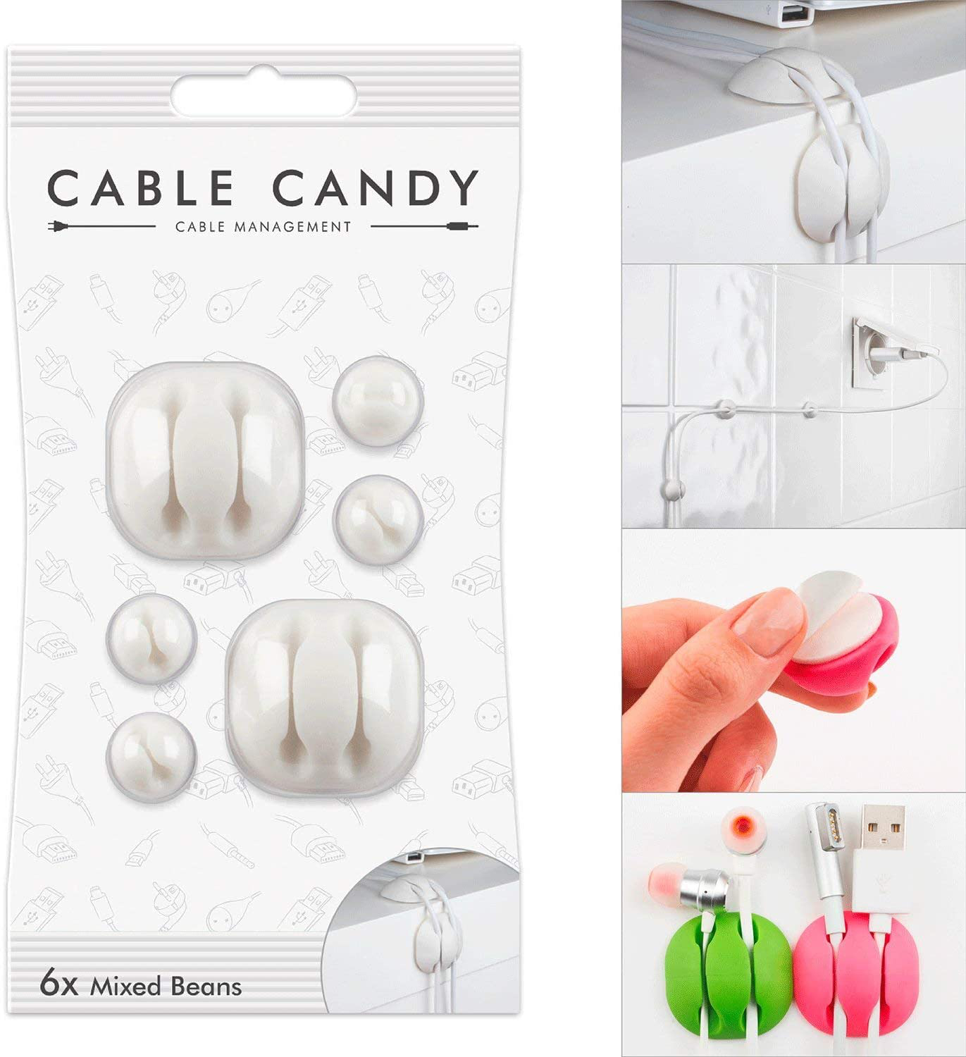 Organizer per cavi bianchi in una confezione, con scatti dettagliati che ne mostrano l'uso.