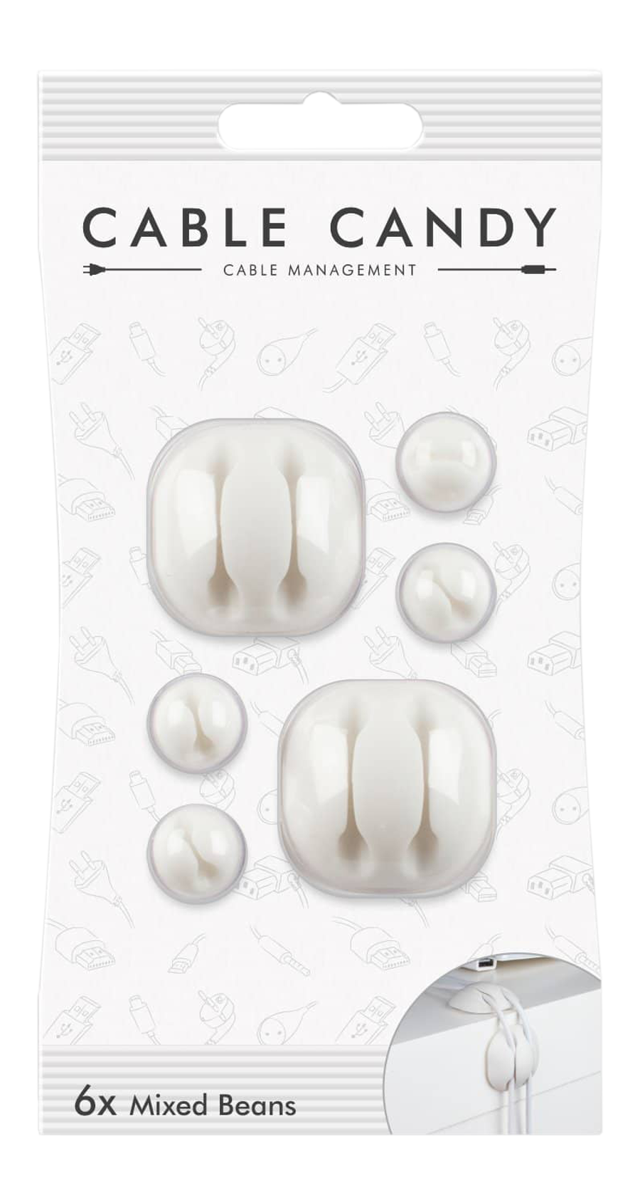 Confezione Cable Candy con organizzatori di cavi bianchi. Sei fermacavi circolari e quadrati.