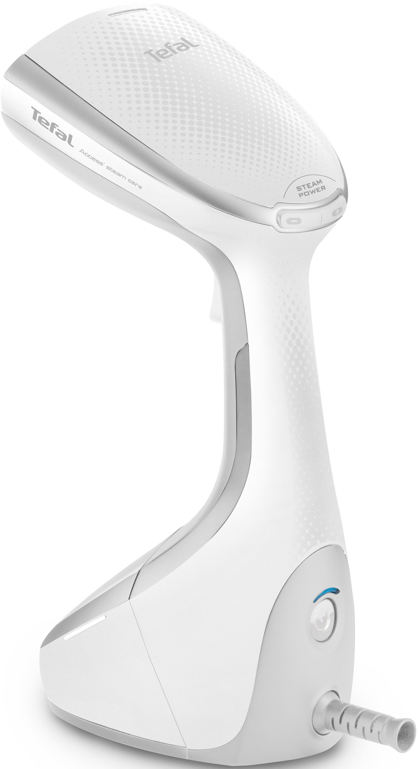 Fer à vapeur Tefal blanc. Le fer a un corps incurvé et un bouton vapeur.