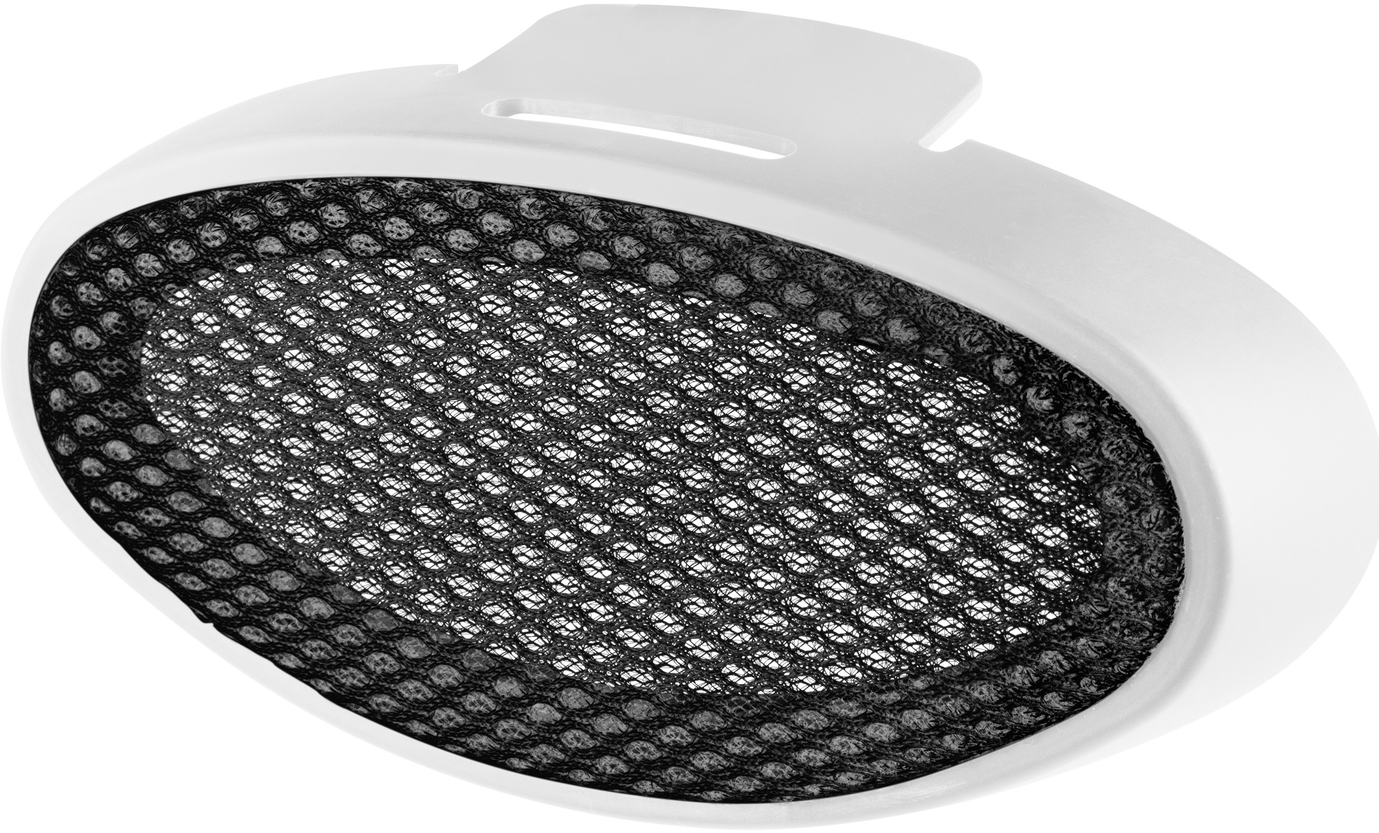 Un couvercle de purificateur d'air blanc avec un maillage noir, présenté en angle.