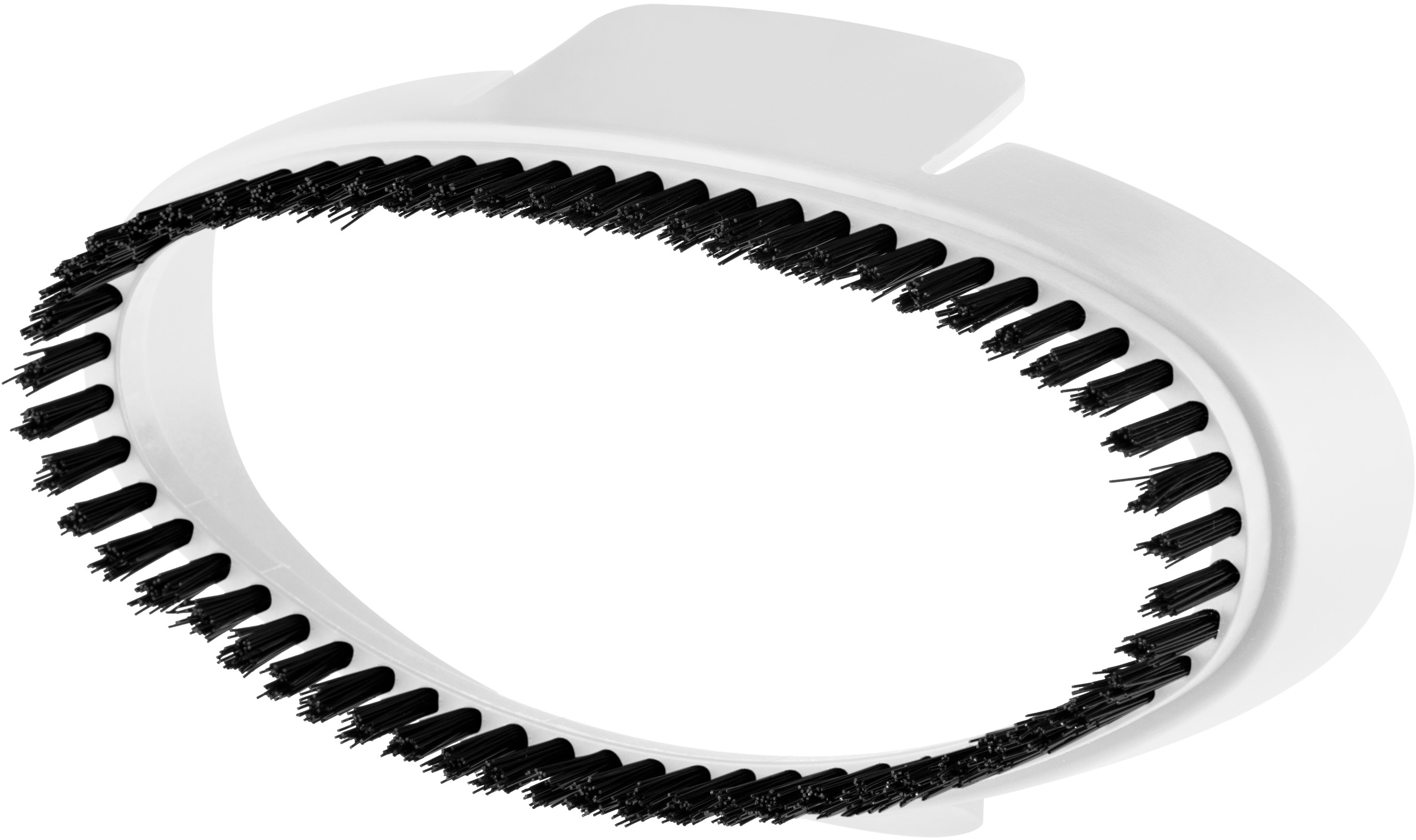 Tête de brosse ovale blanche avec des poils noirs, vue d'une perspective légèrement inclinée.