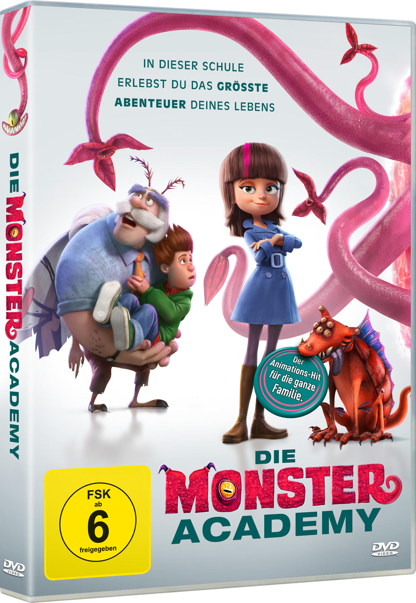 Eine DVD-Hülle mit Zeichentrickfiguren. Der Titel lautet „Die Monster Academy“. Die Figuren sind ein Junge und zwei Monster.