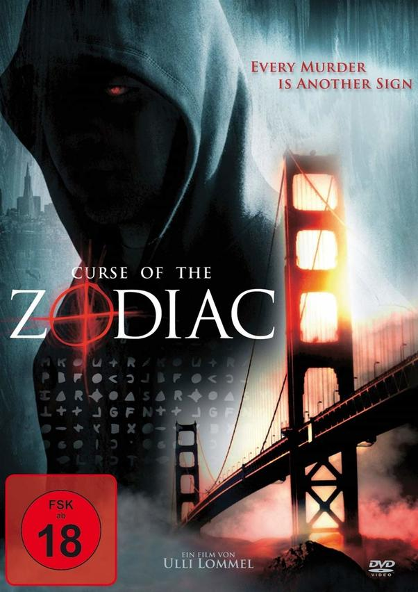 DVD-Cover von 'Curse of the Zodiac' mit einer Kapuzenfigur, der Golden Gate Bridge und Text.