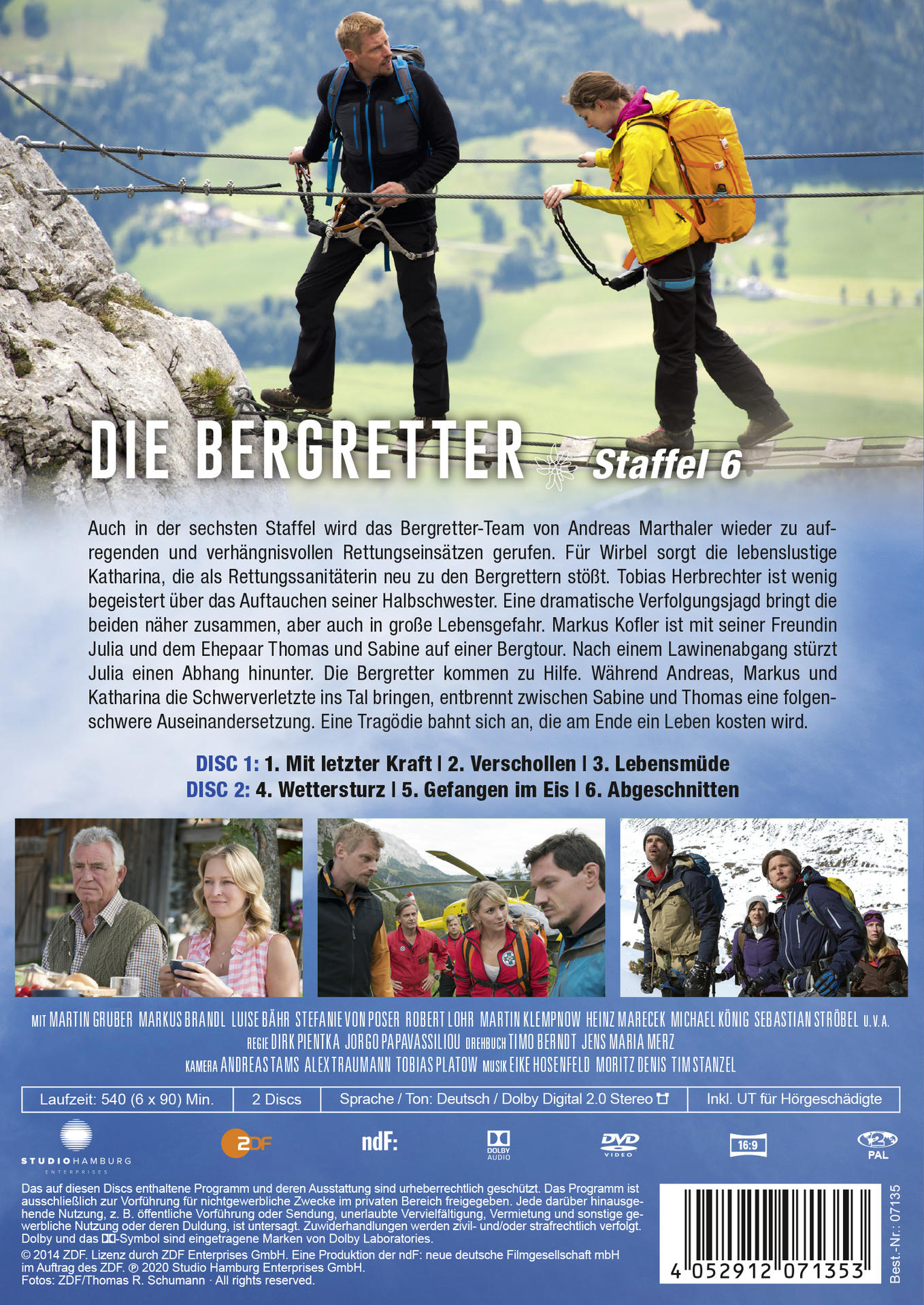 DVD-Hülle. Zwei Personen auf einem Berg, Text auf Deutsch über die Serie Die Bergretter.